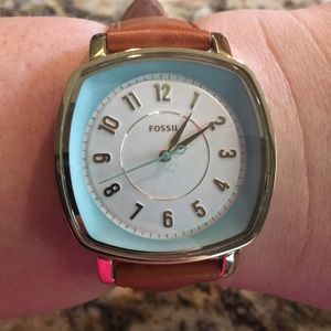 Fossil light teal, gold & cognac leather watch